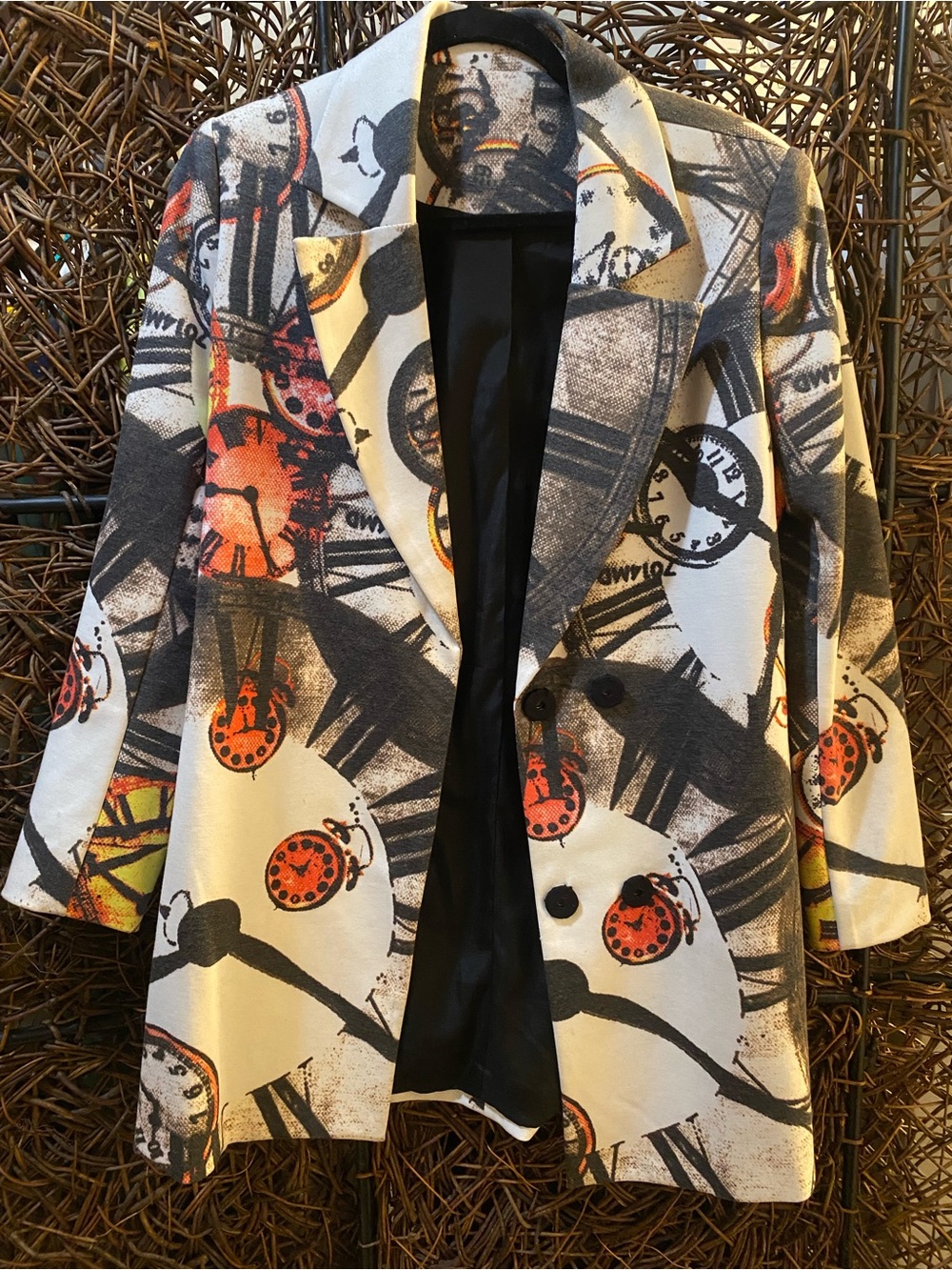 Abstract Clock-Print Women's Blazer Jacket - Ivory & Black with Orange Accents
